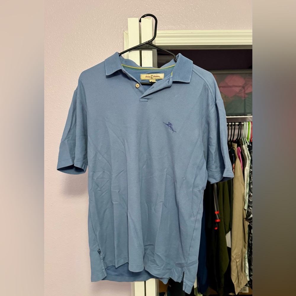 Men’s Tommy Bahamas medium light blue short sleeve polo shirt. Gently used